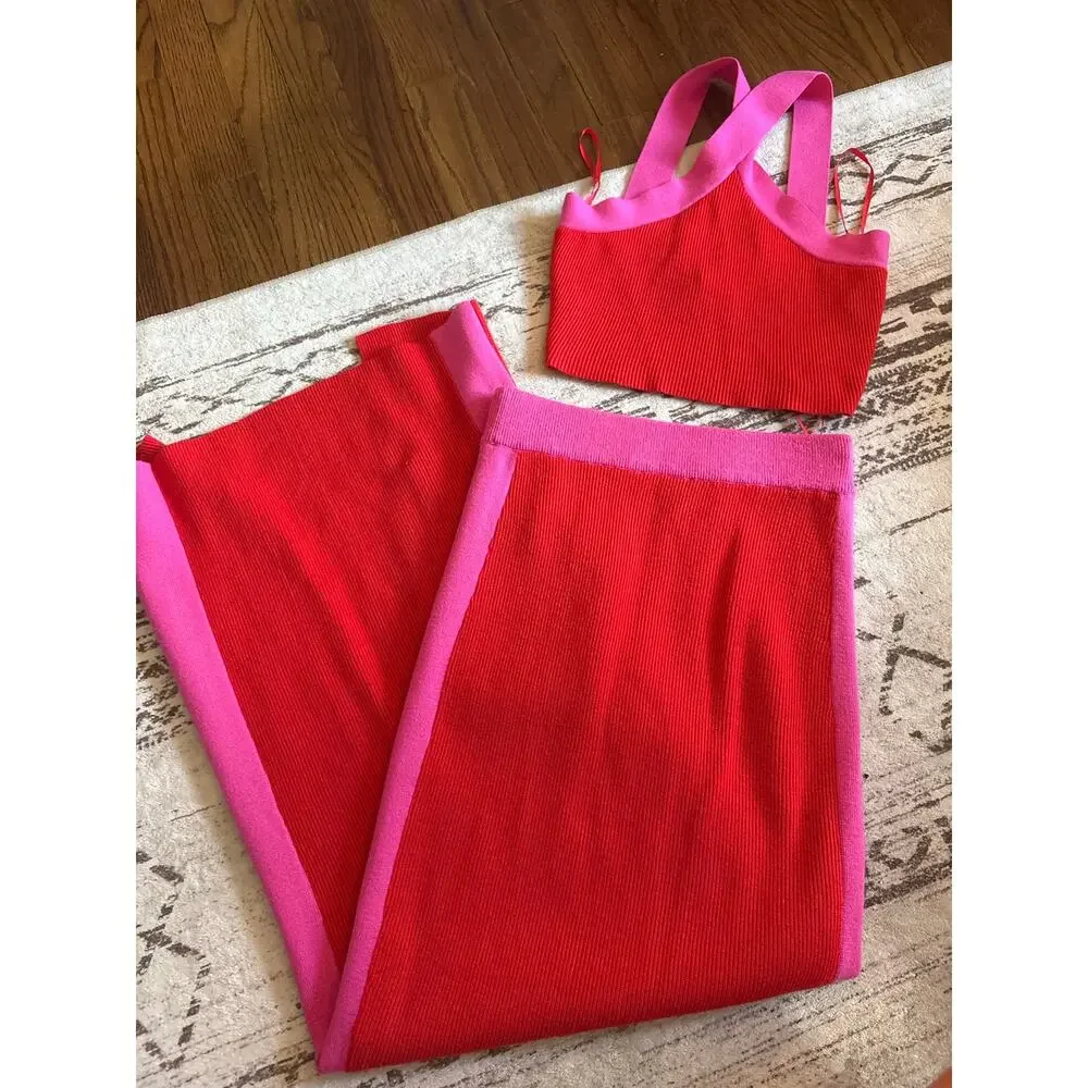 JLUXLABEL Heartbreaker Ribbed Magenta Crop Skirt Set MIDI Medium